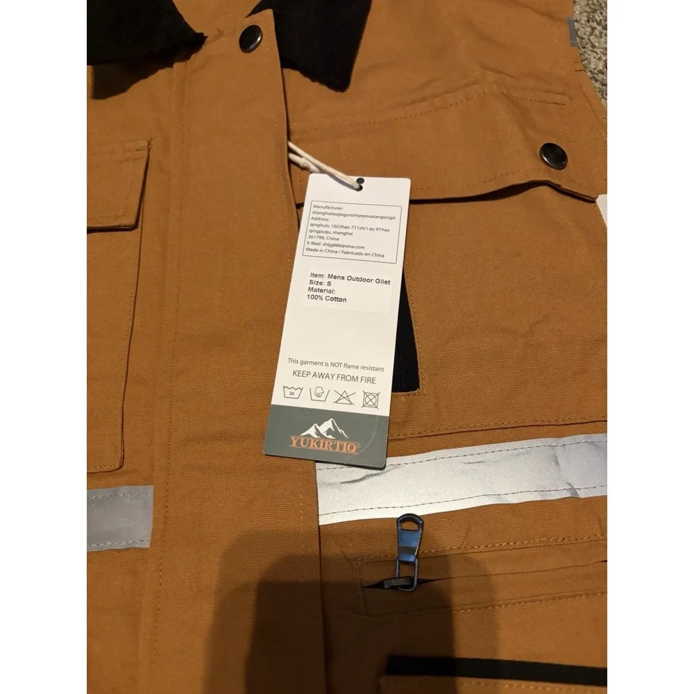 YUKIRTIQ Mens Outdoor Work Utility Vest Size S Brown Reflective Multi Pocket NWT